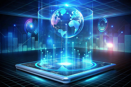 Holographic Earth Projected on Tablet in Futuristic Digital Spaceの素材