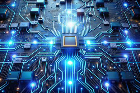 Advanced CPU on Circuit Board with Light Trailsの素材
