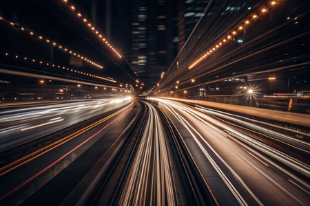 Night city highway, motion blur, urban landscape, fast trafficの素材