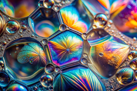 Colorful iridescent bubbles, abstract geometric pattern, microscopic view, vibrant colorsの素材
