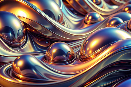 Abstract metallic liquid waves with reflective spheresの素材