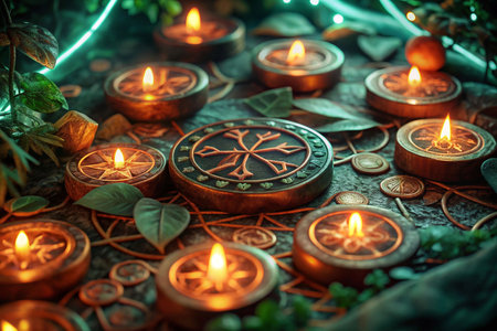 Mystical Candles Circle Pattern on Dark Surface with Plantsの素材