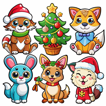 Six cute cartoon animals celebrating Christmas. (3)の素材