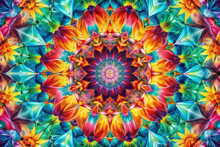 Vibrant, symmetrical mandala pattern, flower design, colorful background, possible use digital art printの素材