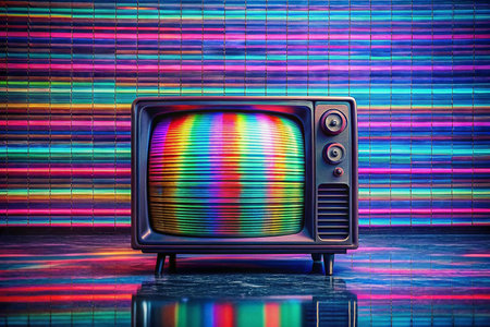 Retro TV, vibrant colors,  neon wall,  digital art,  3D renderの素材