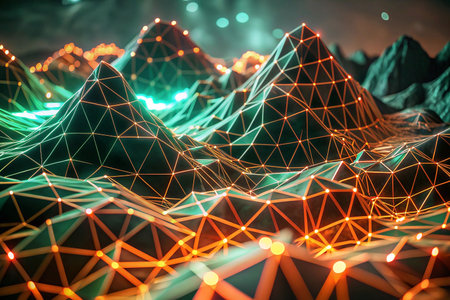 Digital mountains, glowing network, abstract landscape, future conceptの素材