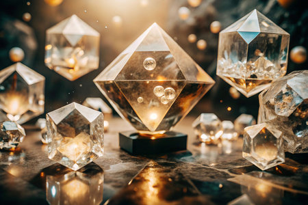 Floating crystal pyramids, dramatic lighting, dark backgroundの素材