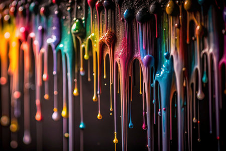 Dripping vibrant paint on dark backdropの素材