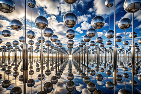 Reflective spheres on poles, outdoor art installation, cloudy sky, water reflectionの素材