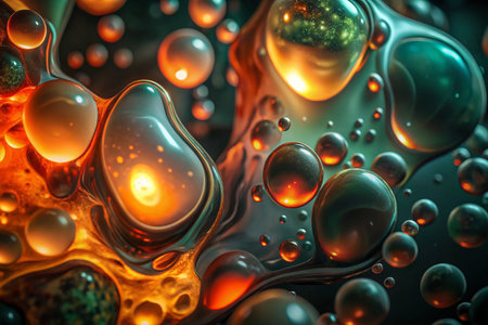 Abstract liquid bubbles, glowing, dark, microscopicの素材