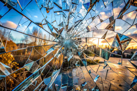 Shattered glass window reflecting sunset over treesの素材