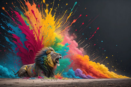 Powerful lion roaring amidst vibrant paint explosionの素材