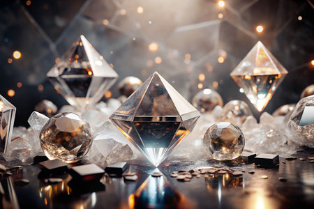 Crystal pyramids, glowing gems, icy stage, bokeh lightsの素材