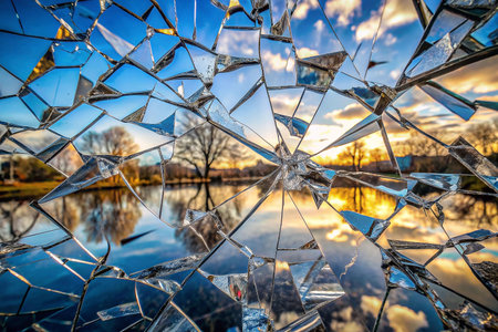 Shattered Mirror Reflecting Sunset Landscapeの素材