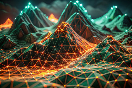 Digital mountain range, glowing network, night sky backdropの素材