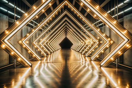 Geometric, glowing tunnel, concrete interior,  lights reflectingの素材