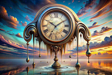 Melted clock drips into sunset seaの素材