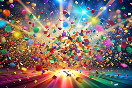 Colorful confetti explosion on stage, vibrant lightsの素材