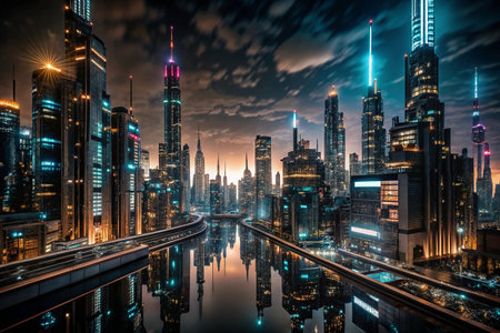 Futuristic city skyline reflected in water at dawn, urban landscapeの素材