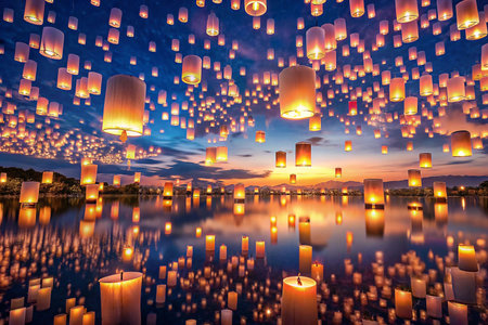 Sky lanterns reflect on lake at sunsetの素材
