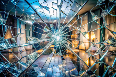 Shattered glass window, interior reflection, destruction, broken, abstractの素材