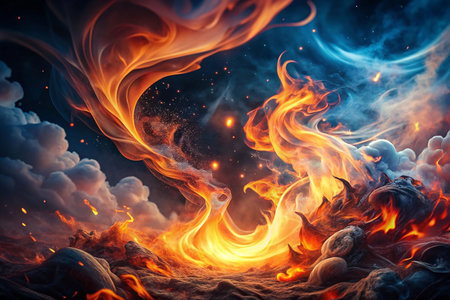 Fiery celestial flames erupt from volcanic landscapeの素材