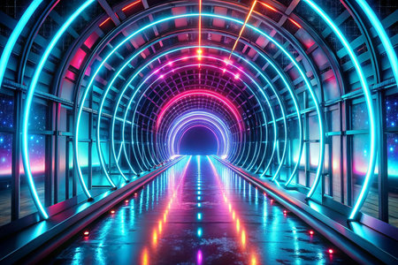 Neon tunnel with glowing rings, futuristic space, 3D renderの素材