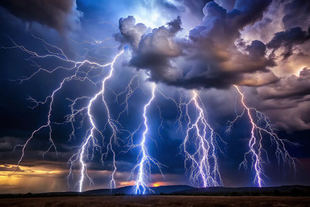 Dramatic Lightning Storm Over Plains at Sunsetの素材