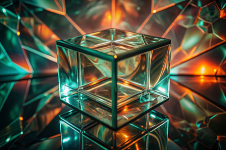 Empty glass cube display, vibrant lights, geometric backgroundの素材