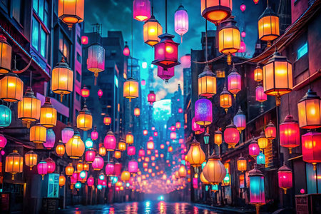 Colorful Lanterns Illuminate City Street at Nightの素材