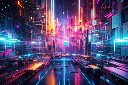Futuristic city, vibrant neon lights, digital art, glowing skyの素材