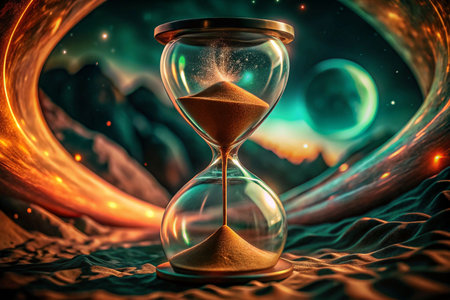 Cosmic hourglass; time passing; alien landscape; swirling nebulae; digital art; space; sand timerの素材