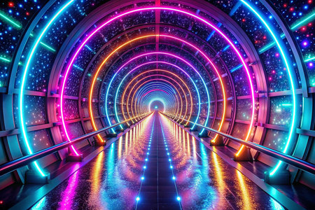 Futuristic neon tunnel, glowing rings, space-themed, leading to lightの素材