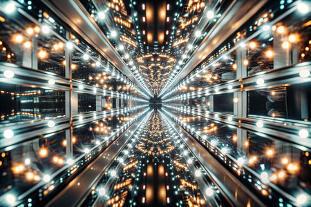 Reflective tunnel with lights, symmetrical designの素材