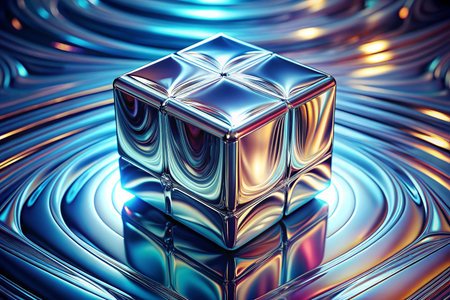 Shiny metallic cube on colorful liquid surfaceの素材