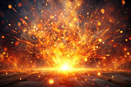 Fiery explosion on dark wooden floor, sparks, dramatic backgroundの素材