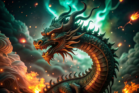 Fierce Chinese Dragon Awaits in Mystical Night Skyの素材