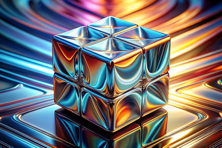 Metallic puzzle cube on vibrant abstract backgroundの素材