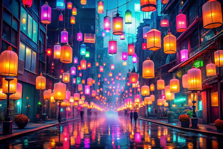Colorful lanterns illuminate city street at nightの素材