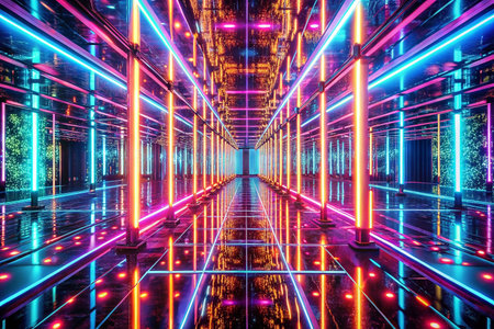 Neon tunnel, mirrored corridor, vibrant colors, glowing lights, futuristic interiorの素材