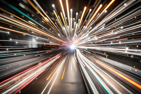 Night city tunnel light trails speed motionの素材