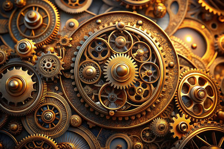 Detailed golden gears interlocked, intricate mechanism, sunlight effect, backdrop showing complex machineの素材