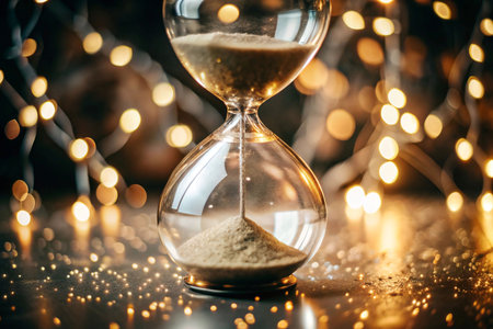 Hourglass flowing, holiday lights, dark backgroundの素材