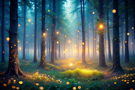 Magical forest scene, glowing lights, mystical ambiance, fogの素材