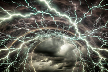 Stormy sky with swirling lightning and rainbowの素材