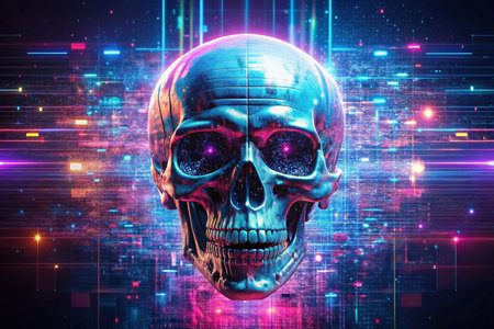 Metallic skull, digital art, glowing, neon lights, futuristic backgroundの素材