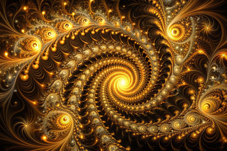 Golden spiral fractal design, intricate pattern, glowing center, abstract backgroundの素材