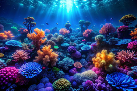 Vibrant coral reef underwater scene, sunlight beams, fish, thriving ecosystemの素材