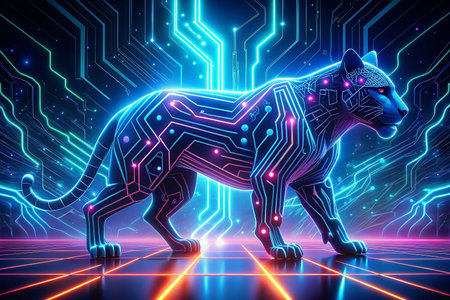 Cyberpunk jaguar on glowing circuit board floorの素材
