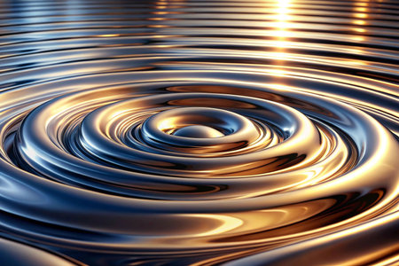 Liquid metal ripples, concentric circles, water-like surface, golden sunbeams backgroundの素材